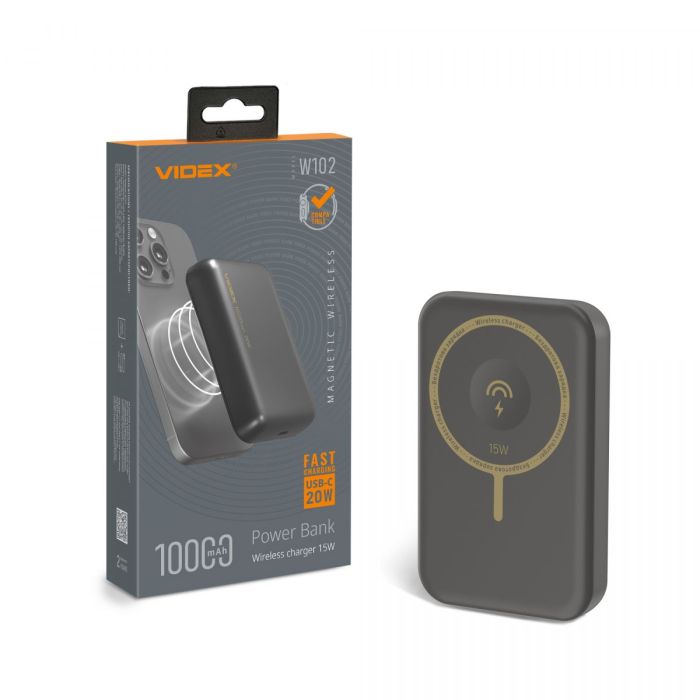 Повербанк з бездротовою зарядкою 10000mAh VIDEX VPB-W102 PD20W Grey