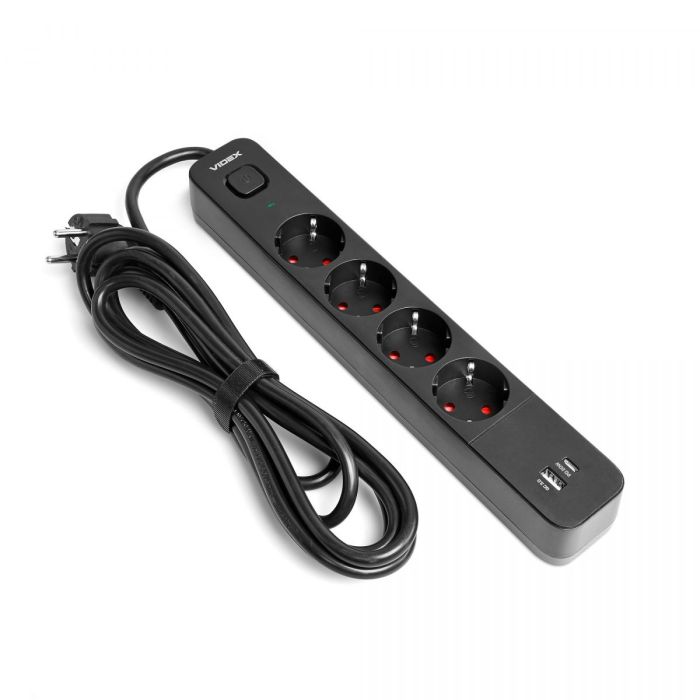 Мережевий подовжувач VIDEX ONCORD з/з 4п 3м (3x1.5мм) 3.4А USB(QC3.0) +USB-C(PD20W) з кнопкою Black