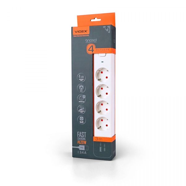 Мережевий подовжувач VIDEX ONCORD з/з 4п 3м (3x1.5мм) 3.4А USB(QC3.0) +USB-C(PD20W) з кнопкою White