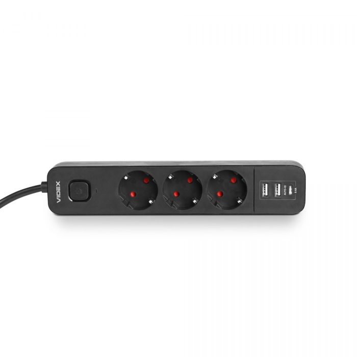 Мережевий подовжувач VIDEX ONCORD з/з 3п 3м (3x1.5мм) 2.4А 2USB+USB-C з кнопкою Black
