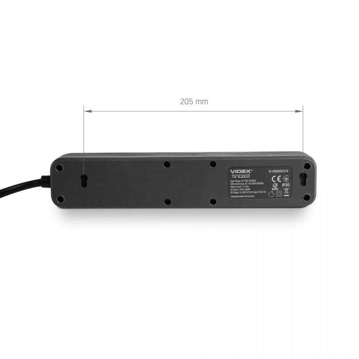 Мережевий подовжувач VIDEX ONCORD з/з 3п 3м (3x1.5мм) 2.4А 2USB+USB-C з кнопкою Black