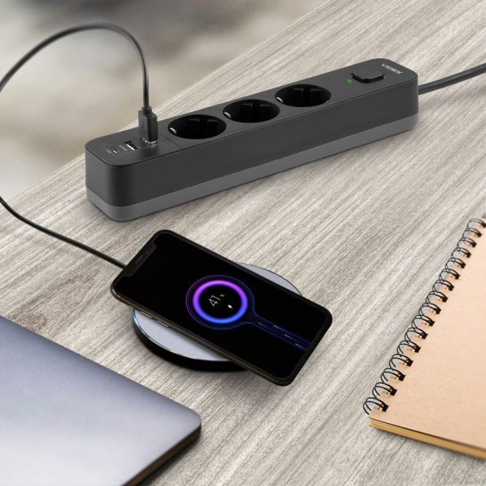 Мережевий подовжувач VIDEX ONCORD з/з 3п 3м (3x1.5мм) 2.4А 2USB+USB-C з кнопкою Black