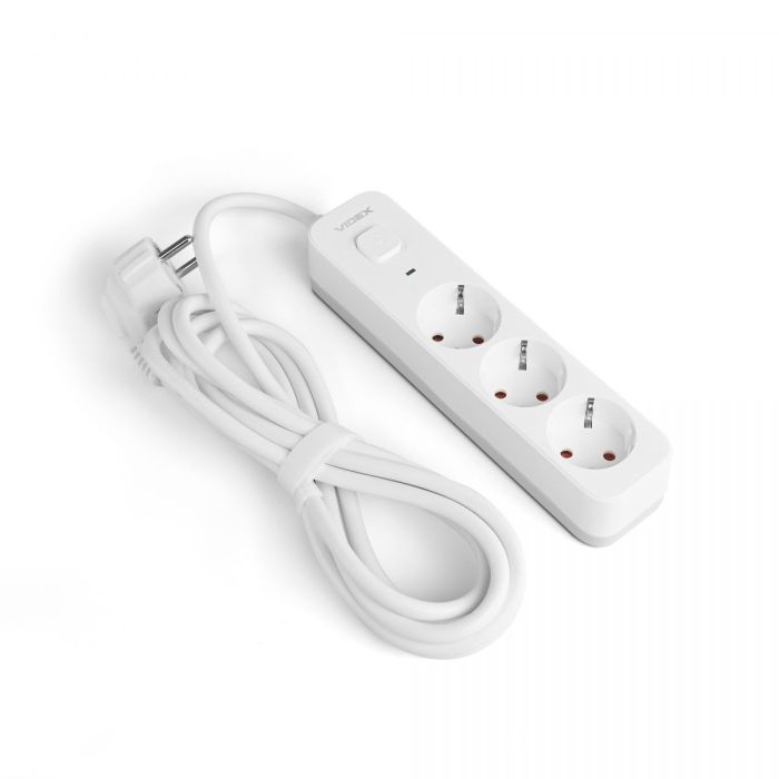Мережевий подовжувач VIDEX ONCORD з/з 3п 3м (3x1.5мм) з кнопкою White
