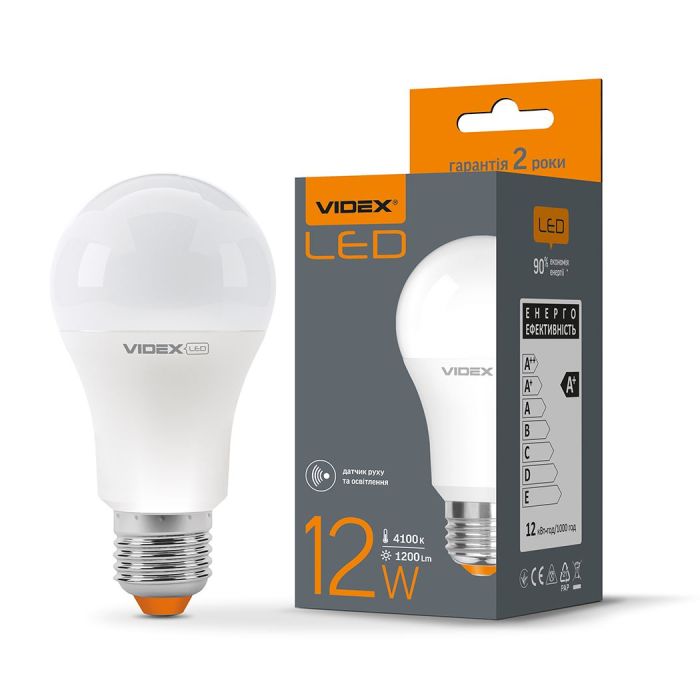 LED лампа VIDEX A60e 12W E27 4100K з датчиком руху та освітленості